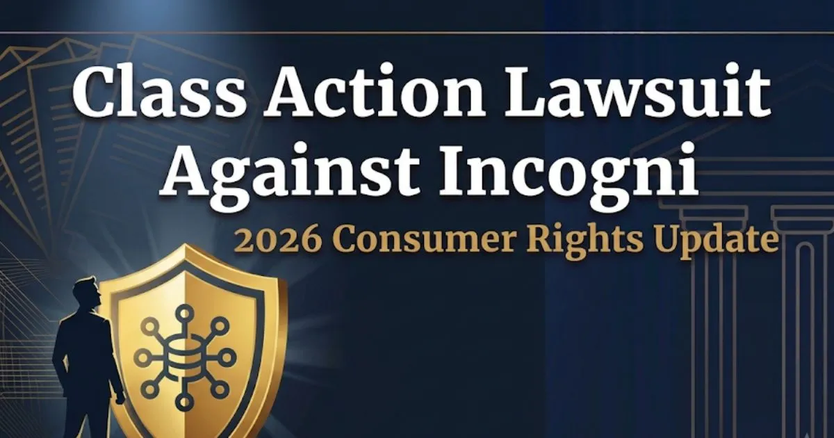 Class action lawsuit against Incogni 2026 legal banner showing courthouse silhouette and data shield icon