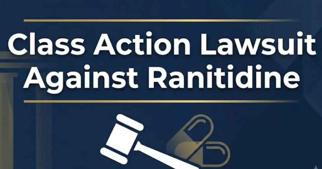 Class action lawsuit against ranitidine 2026 guide with gavel and pill icons on navy background