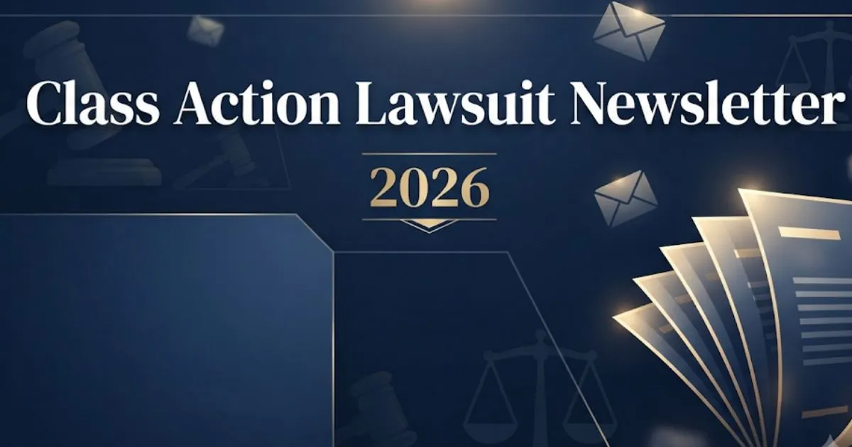 Class action lawsuit newsletter 2026 guide banner with legal symbols and envelope icons