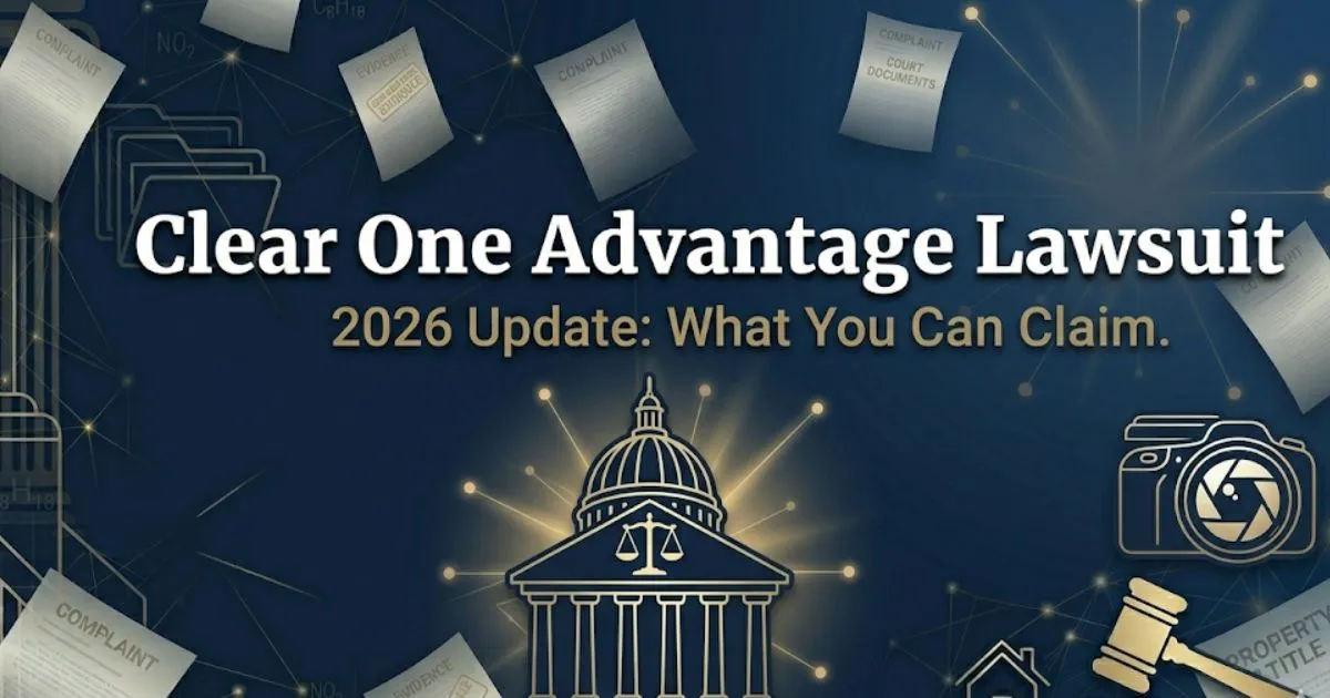 Clear One Advantage Lawsuit 2026 banner with courthouse silhouette and scales of justice on navy background