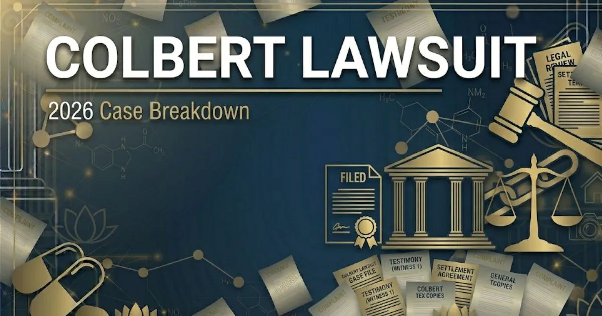 Colbert lawsuit 2026 legal case breakdown banner with courthouse silhouette and justice scale on navy background