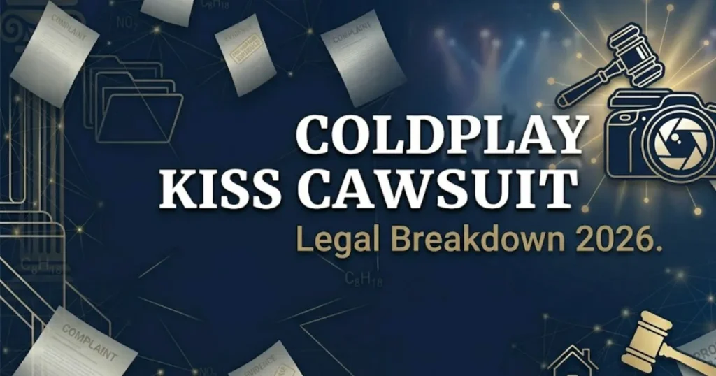 Coldplay kiss cam lawsuit legal breakdown 2026 hero banner with gavel and camera icon on deep navy background