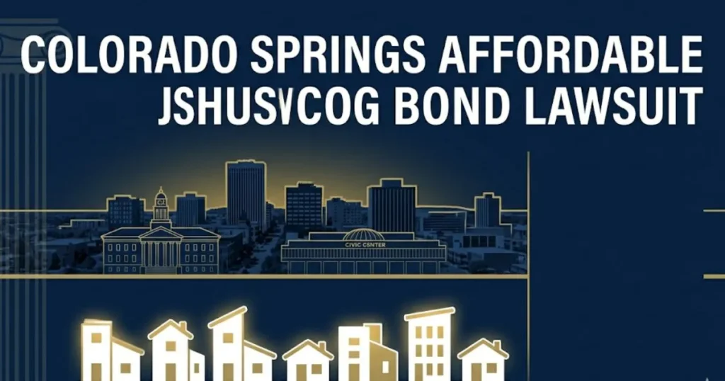 Colorado Springs affordable housing bond lawsuit 2026 editorial banner with city skyline and courthouse icons on navy background