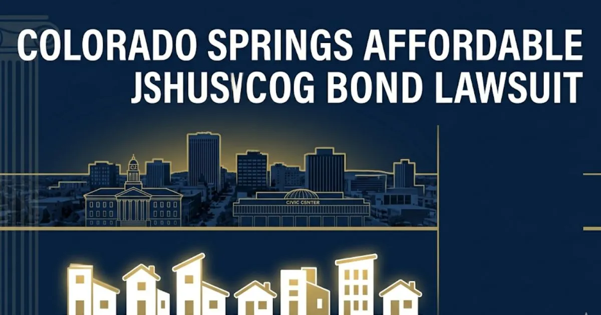 Colorado Springs affordable housing bond lawsuit 2026 editorial banner with city skyline and courthouse icons on navy background