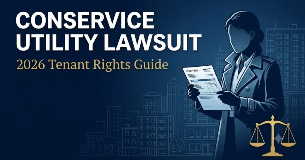 Conservice utility lawsuit 2026 hero banner showing tenant rights legal information against a navy and gold editorial background