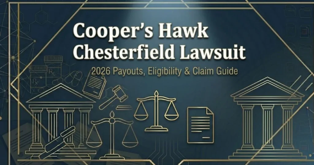 Cooper's Hawk Chesterfield lawsuit 2026 legal guide banner with courthouse silhouette and balance scale icons