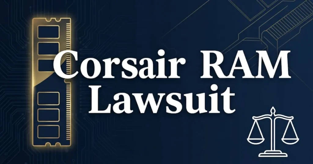 Corsair RAM lawsuit 2026 blog banner with memory module and legal scale icons