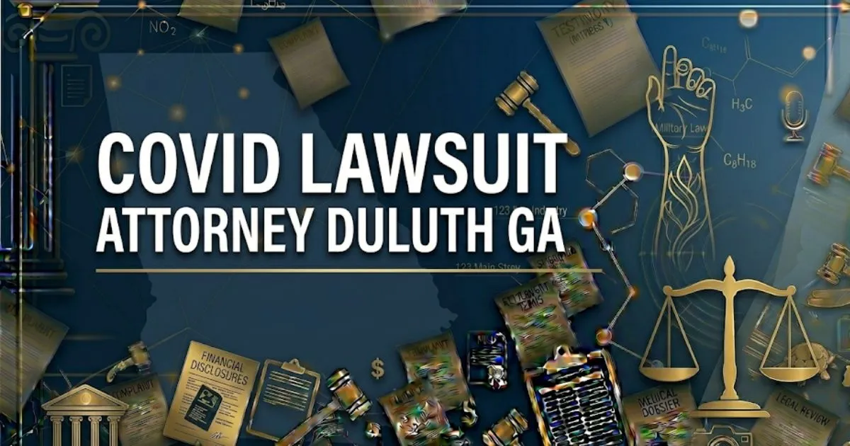 Covid lawsuit attorney Duluth GA 2026 guide banner with courthouse silhouette and gold gavel on navy background