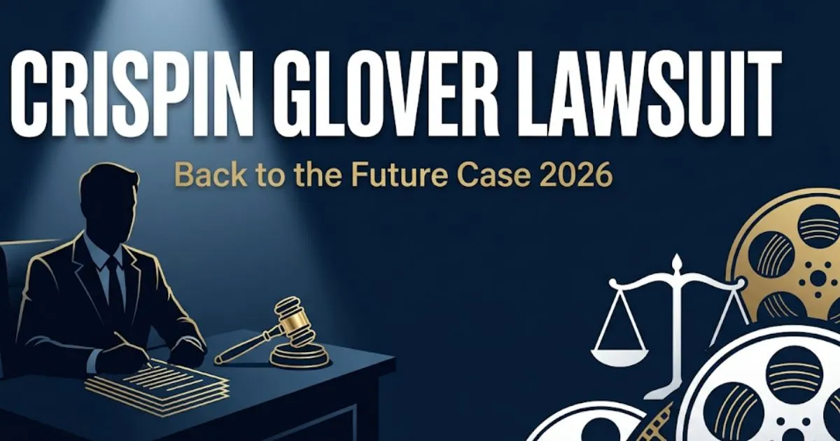 Crispin Glover Lawsuit hero banner with legal icons, film reel, and bold headline text on navy background