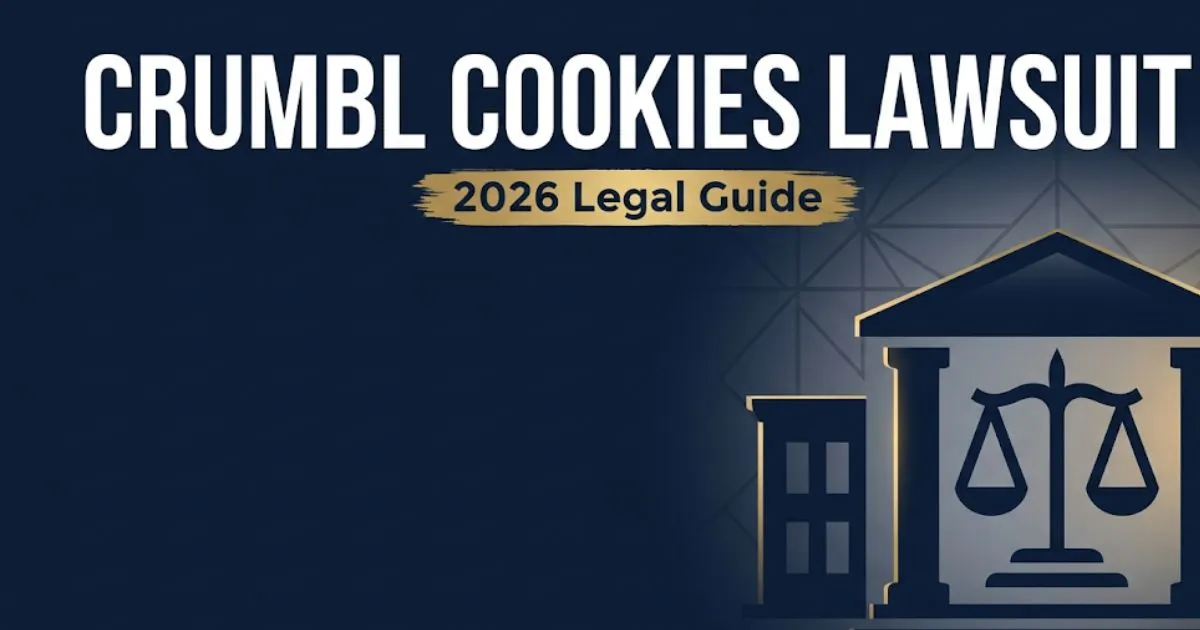 Crumbl Cookies Lawsuit 2026 legal guide banner with courthouse silhouette and gold legal scale icons on navy background