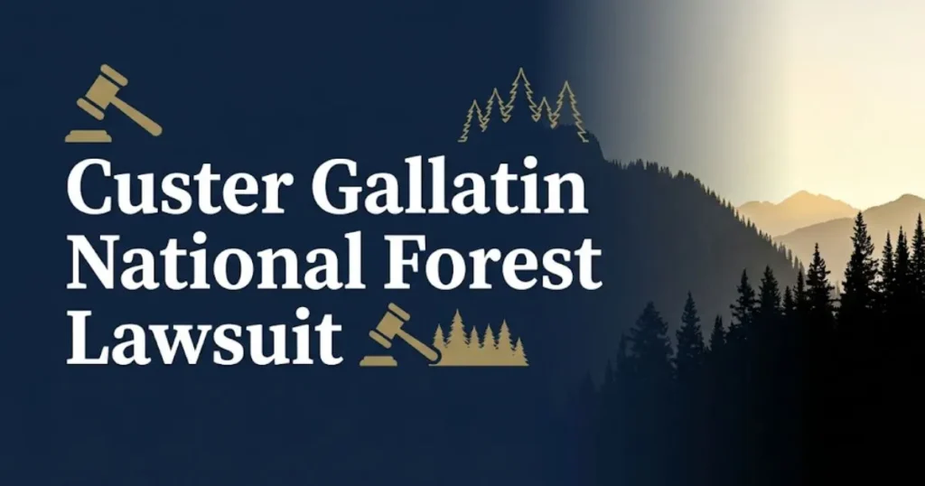 Custer Gallatin National Forest lawsuit 2026 guide banner with Montana mountain forest silhouette and legal gavel icon