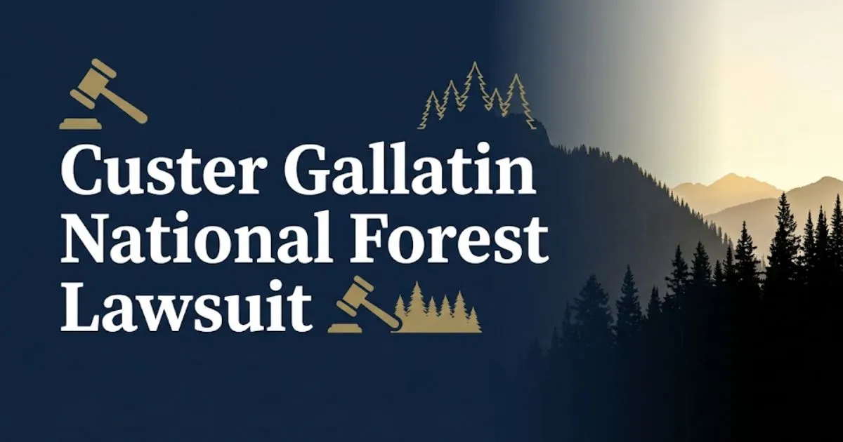 Custer Gallatin National Forest lawsuit 2026 guide banner with Montana mountain forest silhouette and legal gavel icon