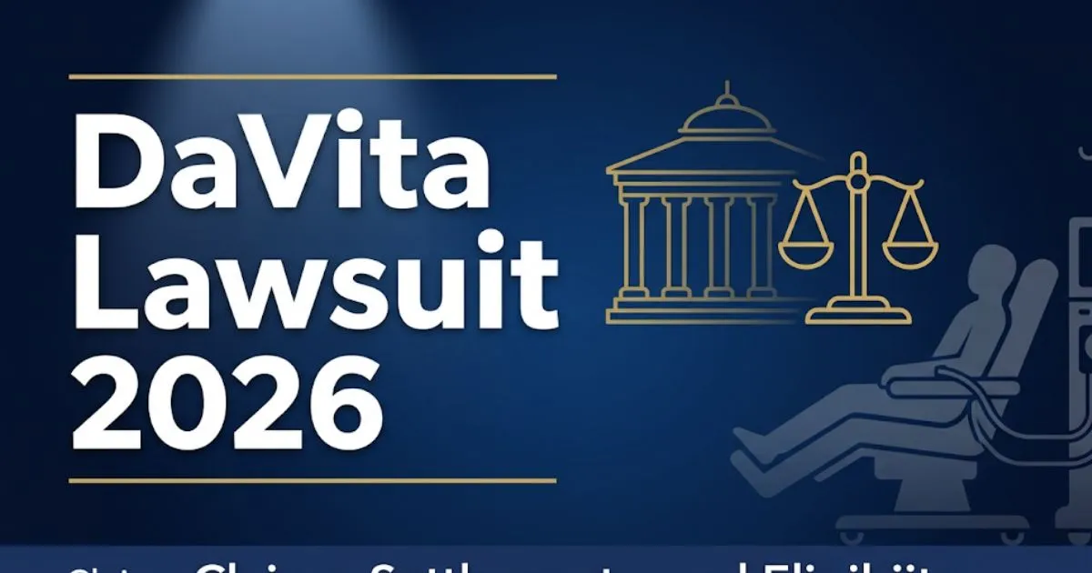 DaVita Lawsuit 2026 hero banner with legal scales, navy background, and patient silhouette graphic