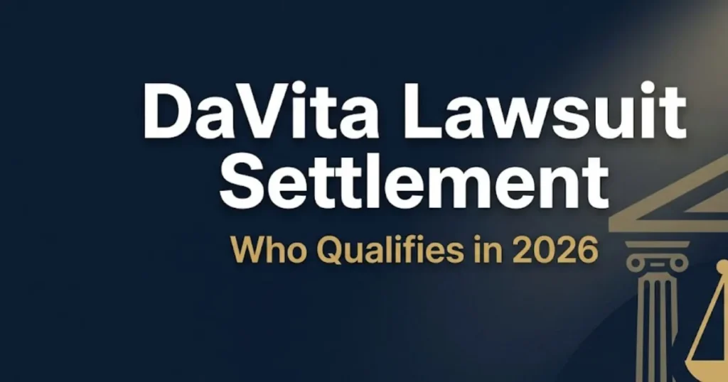 DaVita lawsuit settlement 2026 guide banner with courthouse silhouette and scale of justice on navy background