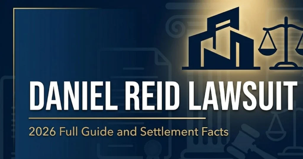 Daniel Reid Lawsuit 2026 guide hero banner with courthouse silhouette and scales of justice on navy background