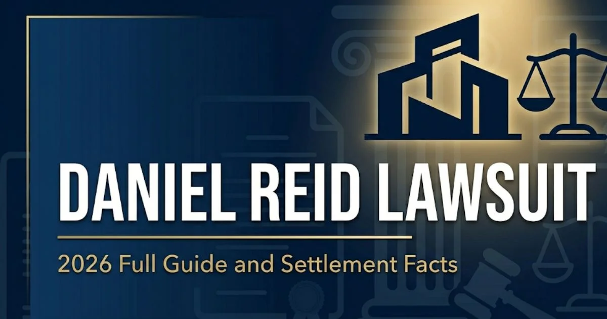Daniel Reid Lawsuit 2026 guide hero banner with courthouse silhouette and scales of justice on navy background