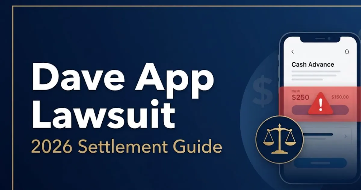 Dave app lawsuit 2026 settlement guide banner with legal symbols and smartphone graphic on navy background