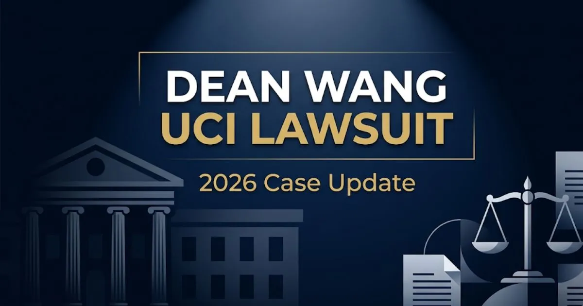 Dean Wang UCI lawsuit 2026 editorial banner with legal symbols and university silhouette on navy background