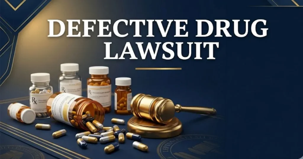 Defective drug lawsuit guide showing spilled pills and gavel on dark background