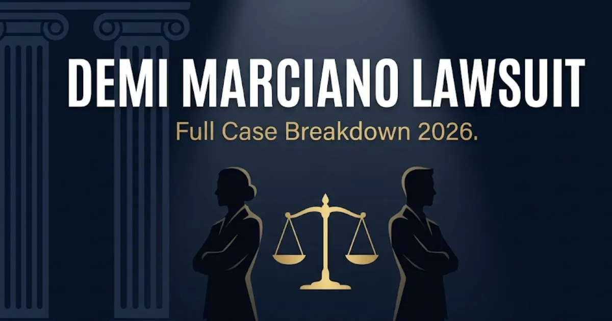 Demi marciano lawsuit 2026 full case breakdown banner with scale of justice and navy gold design