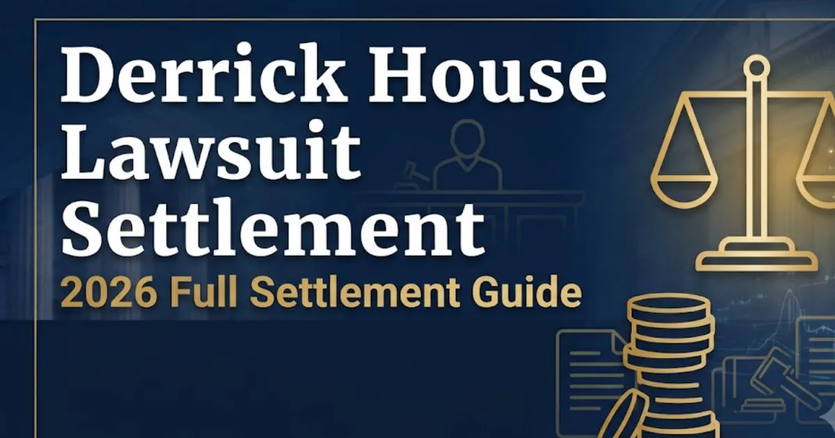Derrick House lawsuit settlement 2026 guide banner with legal scales icon and navy gold color scheme