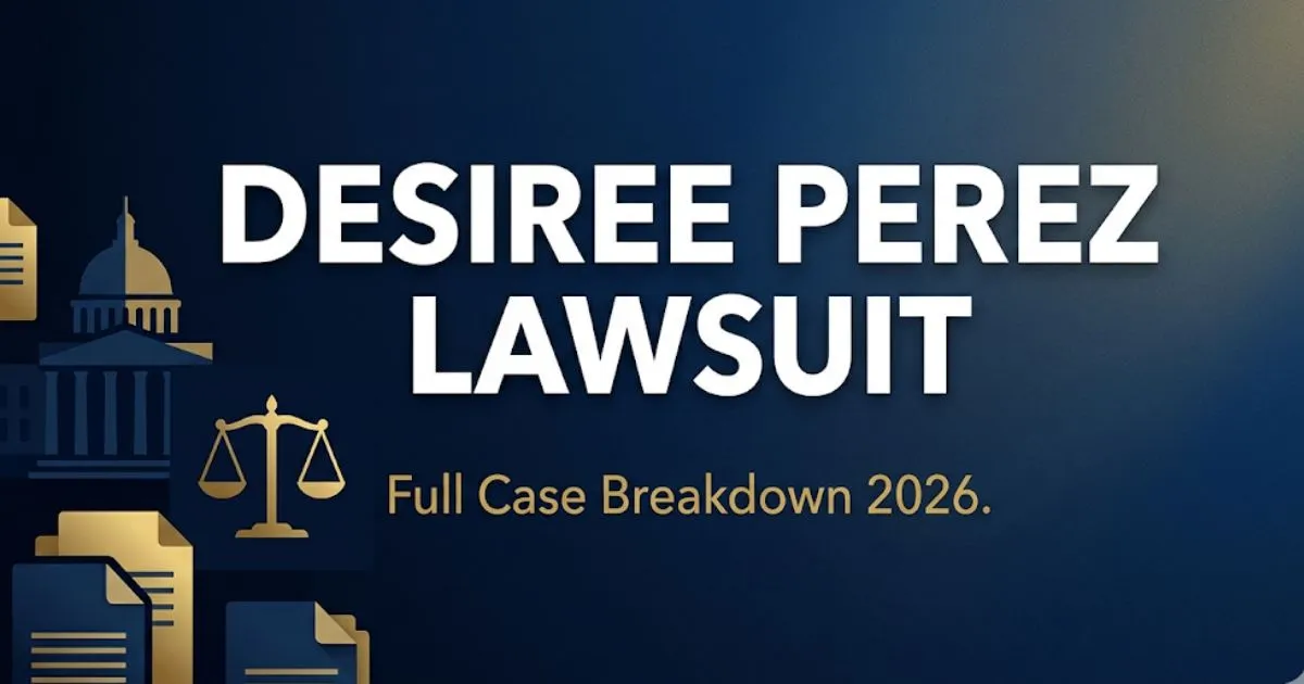 Desiree Perez lawsuit case breakdown 2026 banner with legal icons, navy and gold editorial design