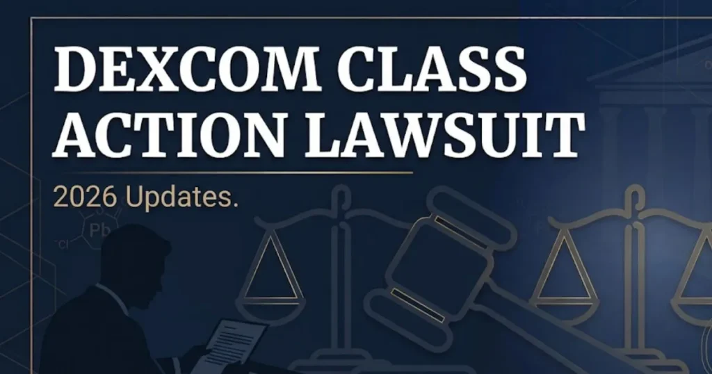 Dexcom class action lawsuit 2026 blog banner with legal symbols and CGM sensor imagery