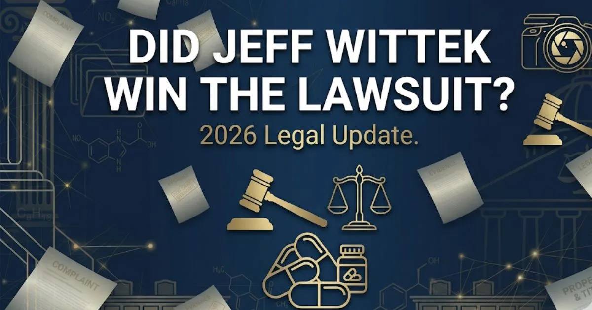 Did Jeff Wittek win the lawsuit against David Dobrik, 2026 legal update banner with courtroom icons