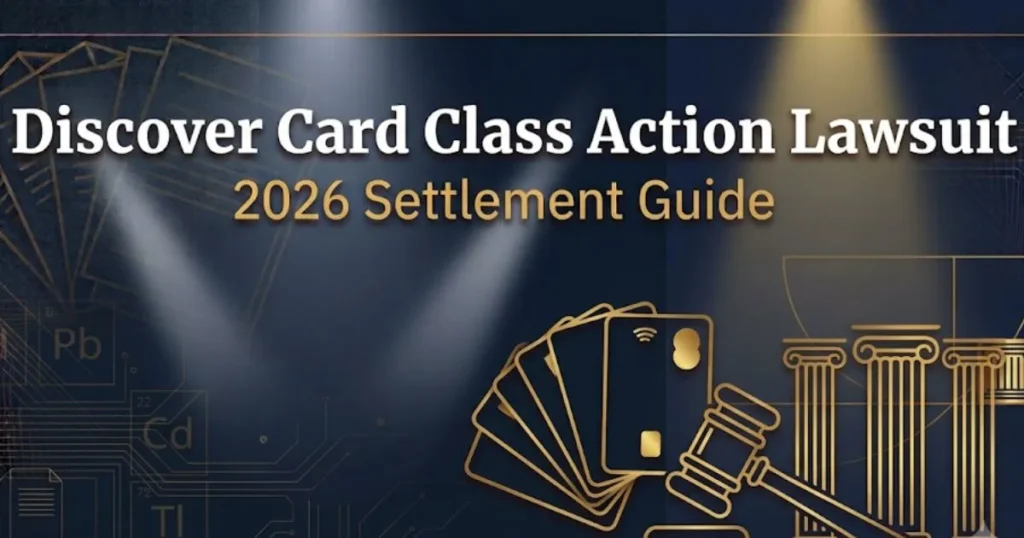 Discover card class action lawsuit 2026 guide banner with legal gavel and credit card icons
