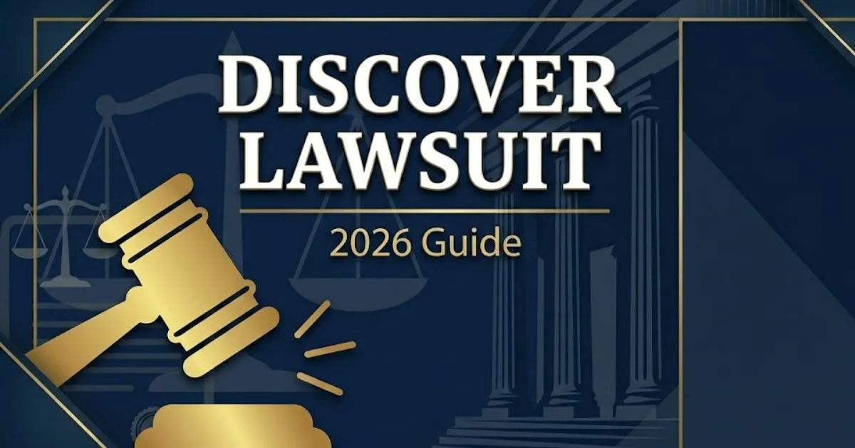 Discover lawsuit 2026 guide banner with gavel icon and legal theme in navy and gold