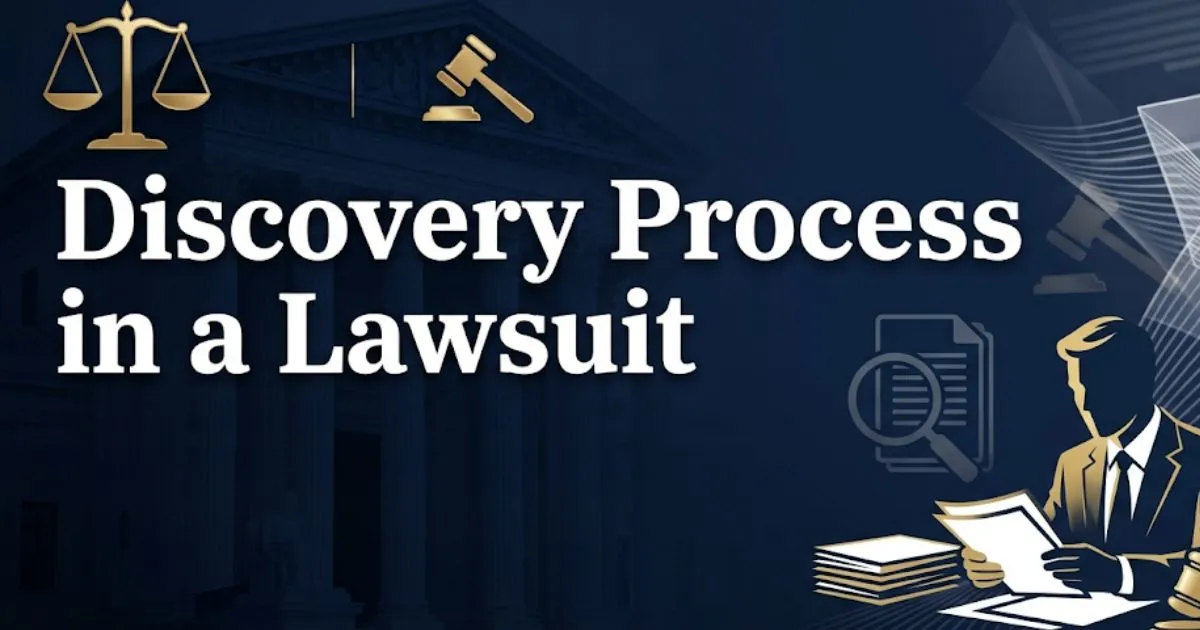 Discovery process in a lawsuit guide 2026 showing legal documents, scales of justice, and courtroom icons on navy background.