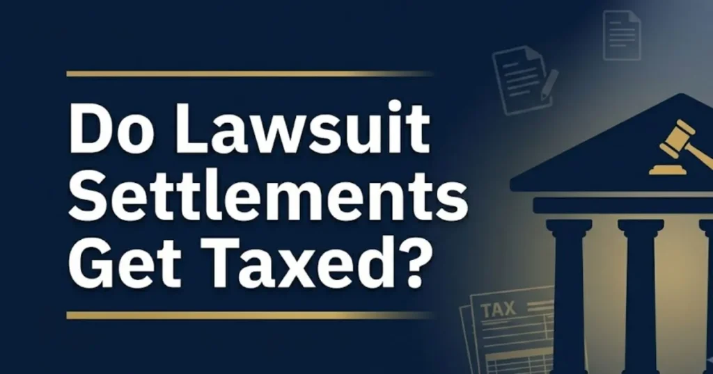 Do lawsuit settlements get taxed legal banner showing courthouse silhouette and gavel icons on navy background
