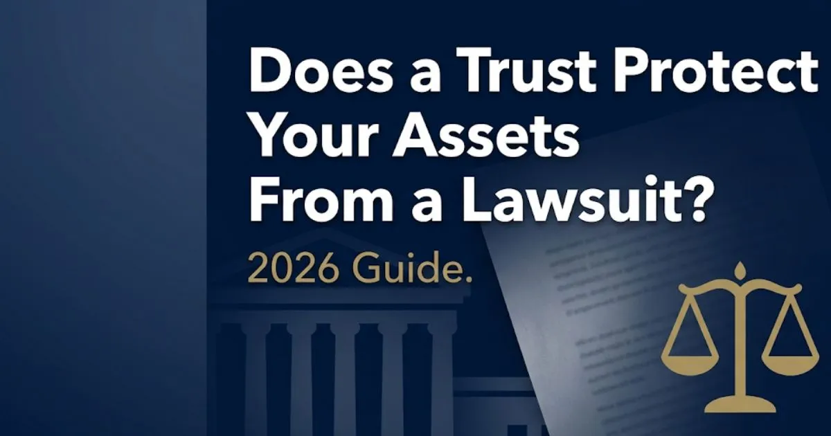 Does a trust protect your assets from a lawsuit guide 2026 with legal scales and courthouse silhouette