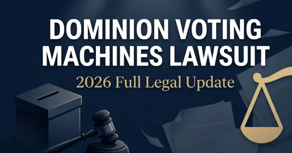 Dominion voting machines lawsuit 2026 legal update banner with navy background, gold accents, and legal symbols