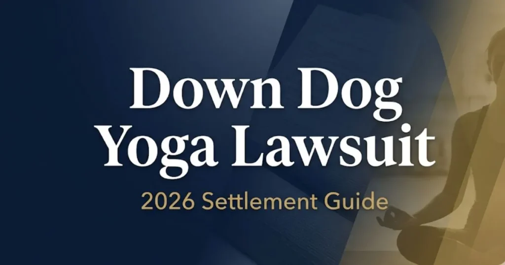 Down Dog yoga lawsuit 2026 settlement guide banner showing legal themed design with yoga silhouette and bold headline text