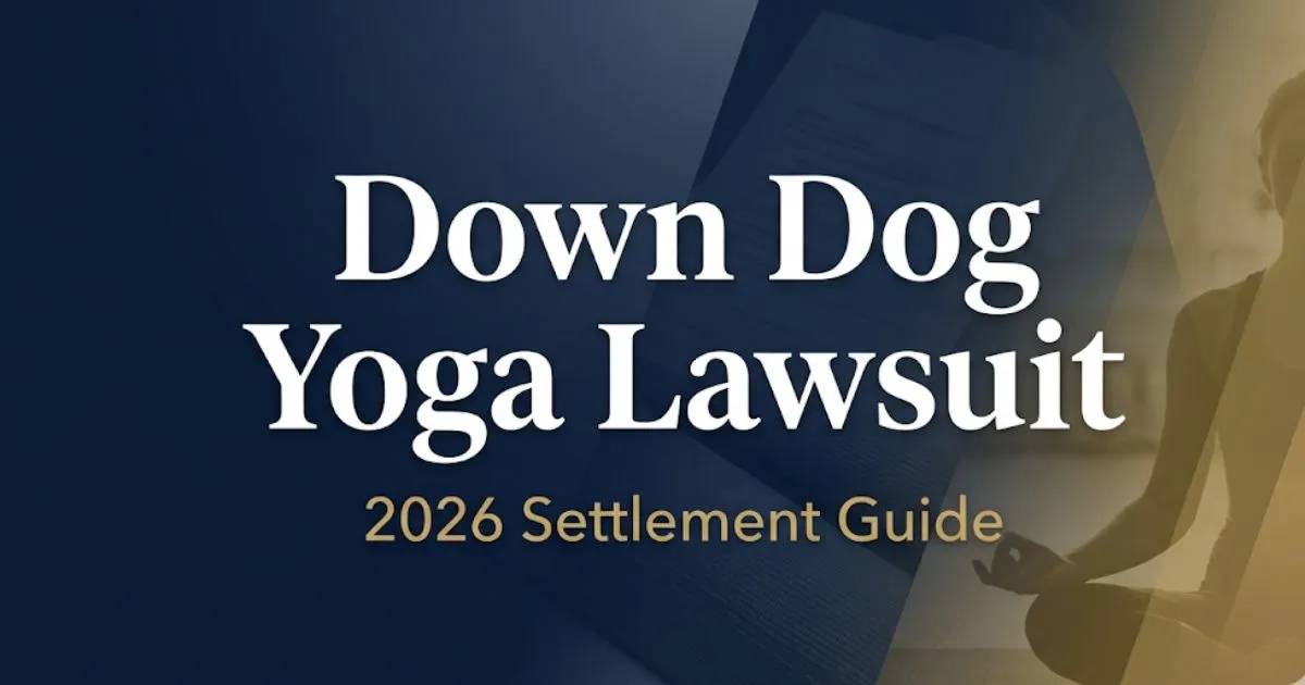 Down Dog yoga lawsuit 2026 settlement guide banner showing legal themed design with yoga silhouette and bold headline text