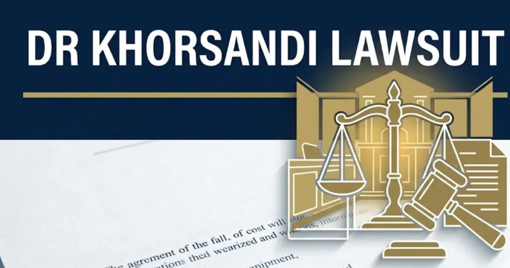 Dr Khorsandi lawsuit 2026 banner showing scales of justice and legal symbols on navy background