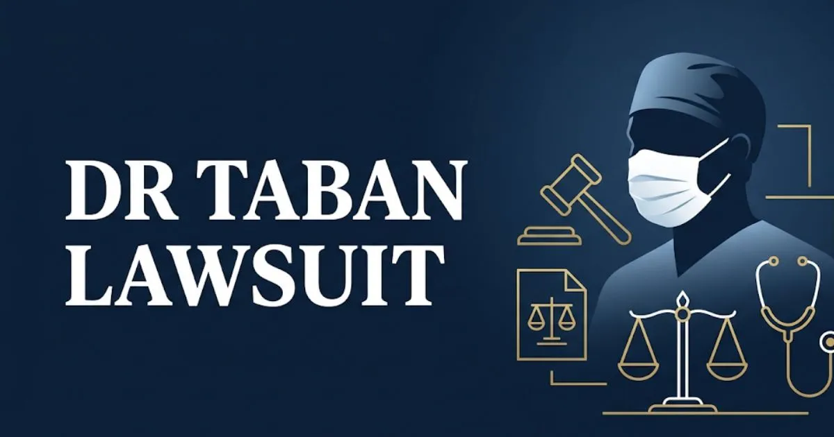 Dr Taban lawsuit 2026 blog banner with legal icons gavel and scales on navy background