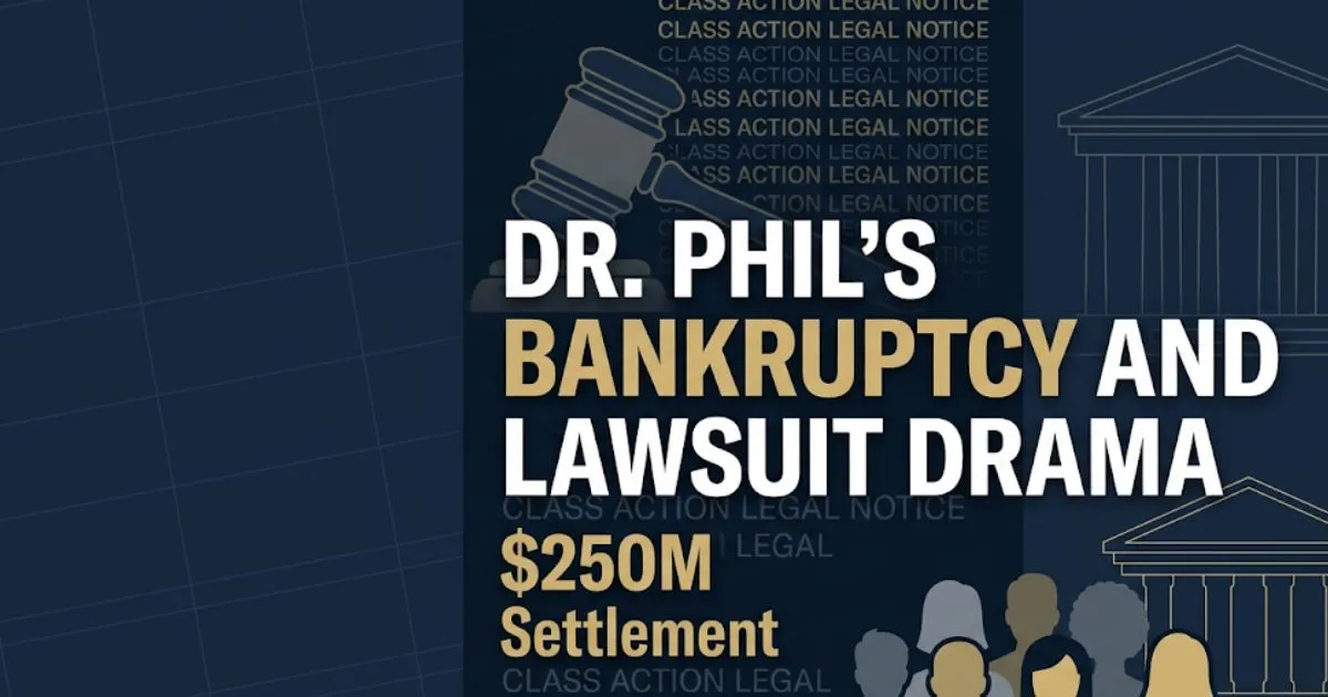 Dr. Phil bankruptcy and lawsuit drama settlement banner with $250M fund headline, gavel, and class action notice design.