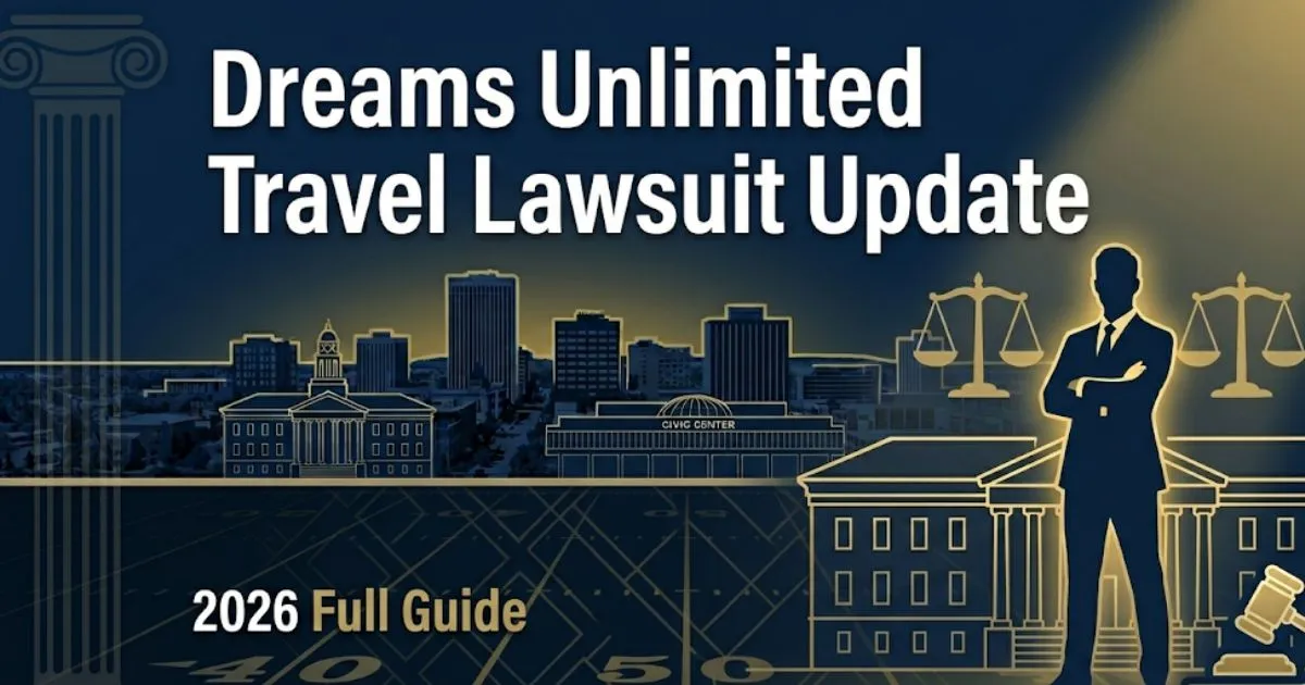 Dreams Unlimited Travel Lawsuit Update 2026 blog banner with courthouse silhouette and legal icons on navy background