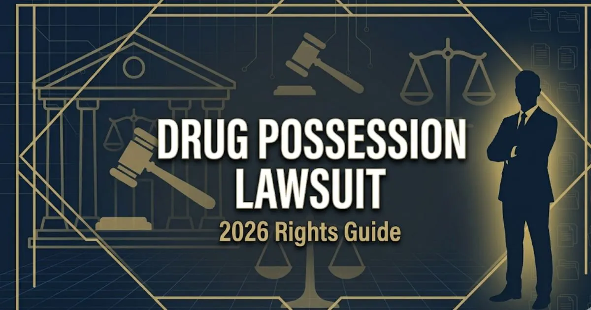 Drug possession lawsuit 2026 guide banner with legal symbols and navy gold design