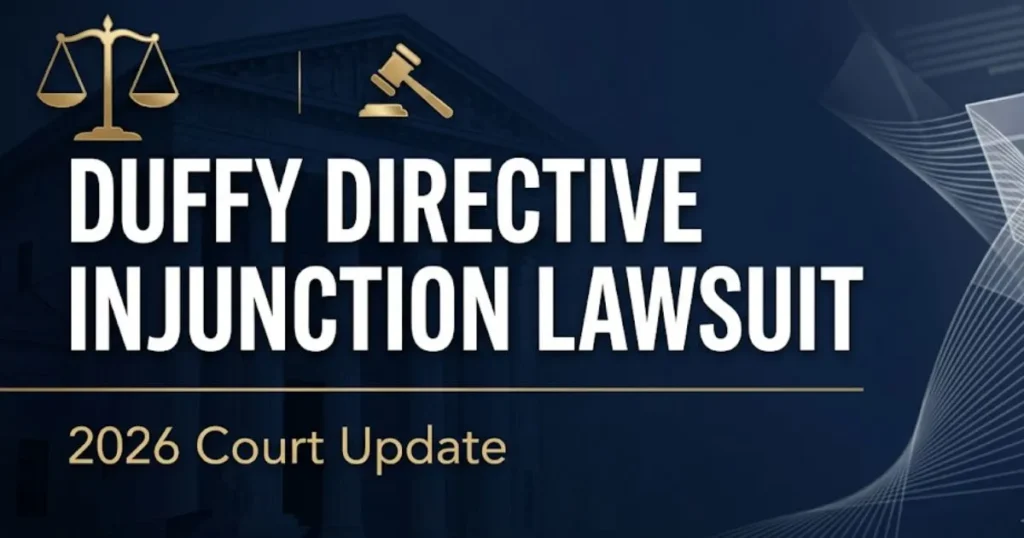 Duffy directive injunction lawsuit 2026 legal update banner with federal courthouse silhouette and gold scale of justice icons