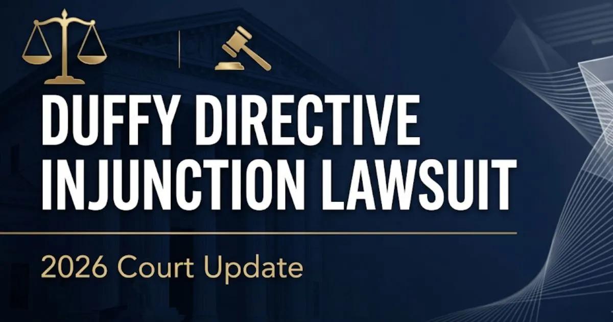 Duffy directive injunction lawsuit 2026 legal update banner with federal courthouse silhouette and gold scale of justice icons