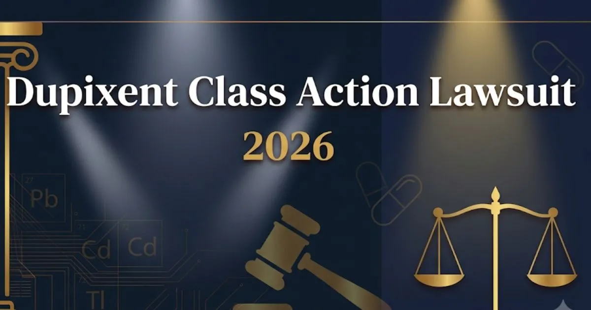 Dupixent class action lawsuit 2026 legal guide banner with gavel and scales imagery