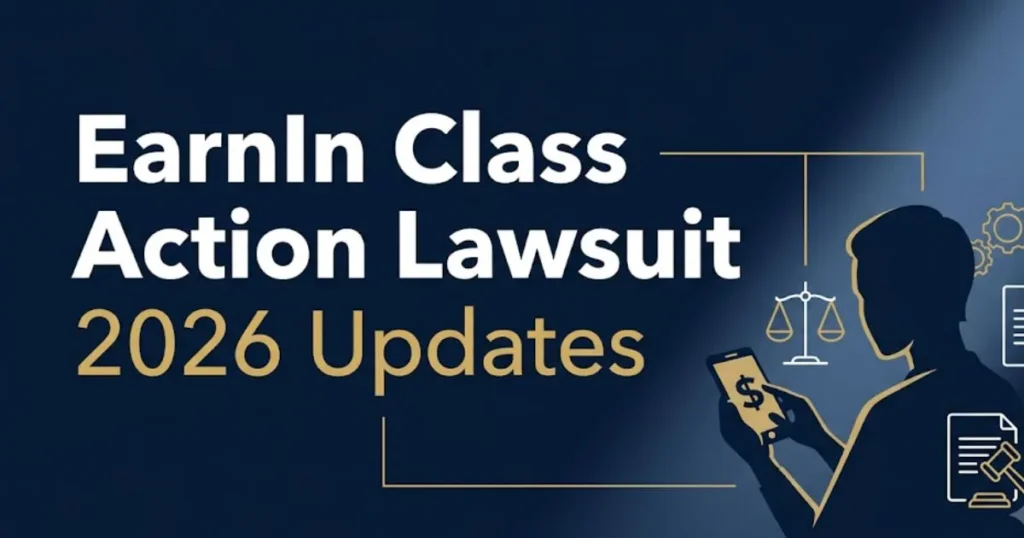 EarnIn class action lawsuit 2026 banner with legal scale and smartphone icons on navy background MAIN KEYWORD {{earnin class action lawsuit}} CLUSTER KEYWORDS {{earnin class action lawsuit 20