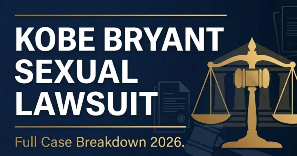 Editorial banner for Kobe Bryant sexual lawsuit full case breakdown 2026 with legal scales and gavel icons on navy background.