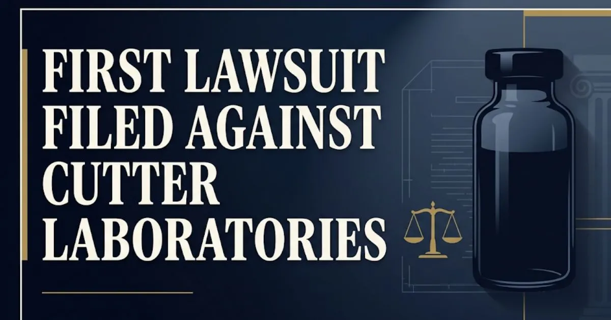 Editorial banner reading First Lawsuit Filed Against Cutter Laboratories with vial silhouette, scales of justice, navy and gold legal design.