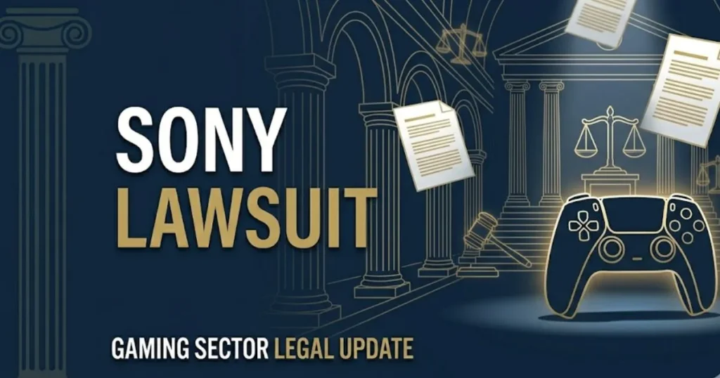 Editorial banner with bold text reading Sony Lawsuit featuring a golden game controller and legal symbols.