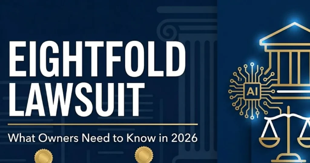 Eightfold lawsuit 2026 blog banner with AI circuit and justice scales on navy background MAIN KEYWORD {{eightfold lawsuit}} CLUSTER KEYWORDS {{paste cluster keywords, separated by or one pe