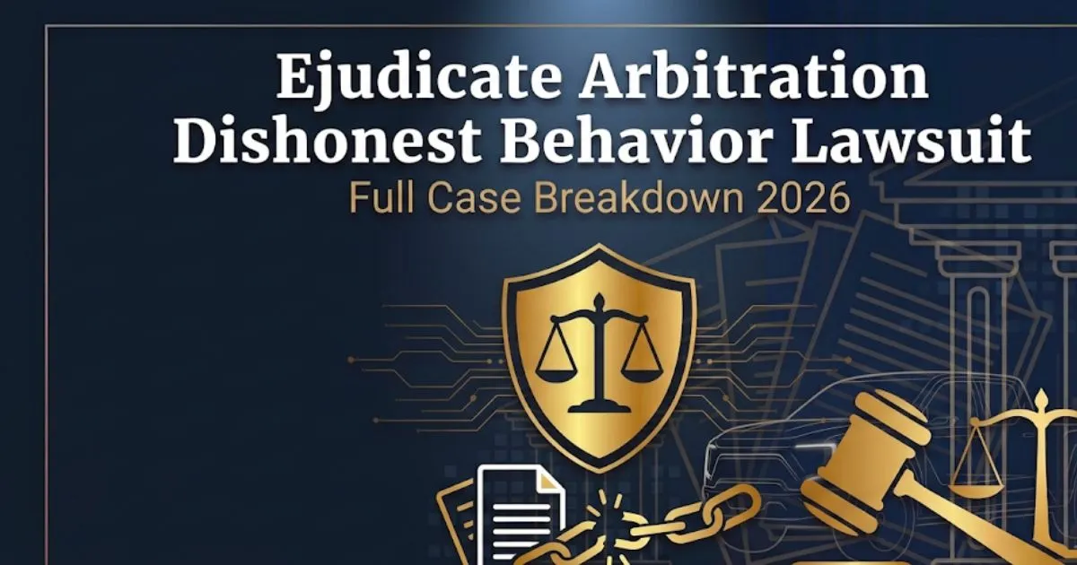Ejudicate arbitration dishonest behavior lawsuit 2026 legal guide banner with scales of justice and legal document icons